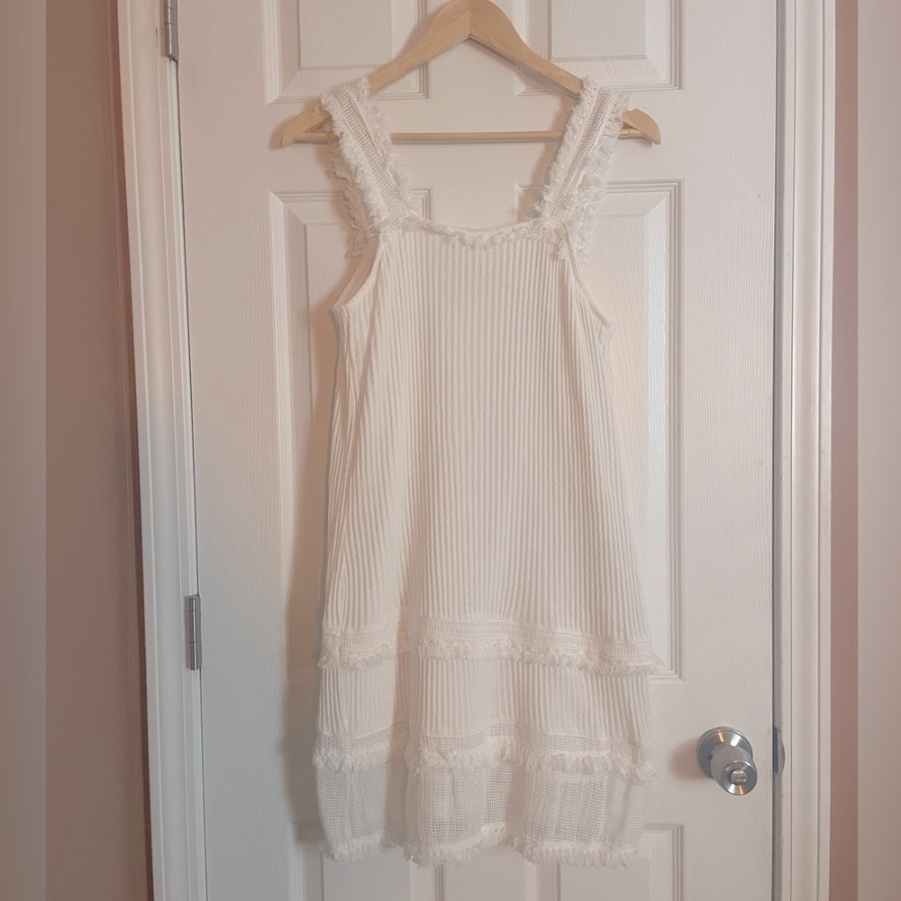 White Ribbed Summer Dress with Fringe